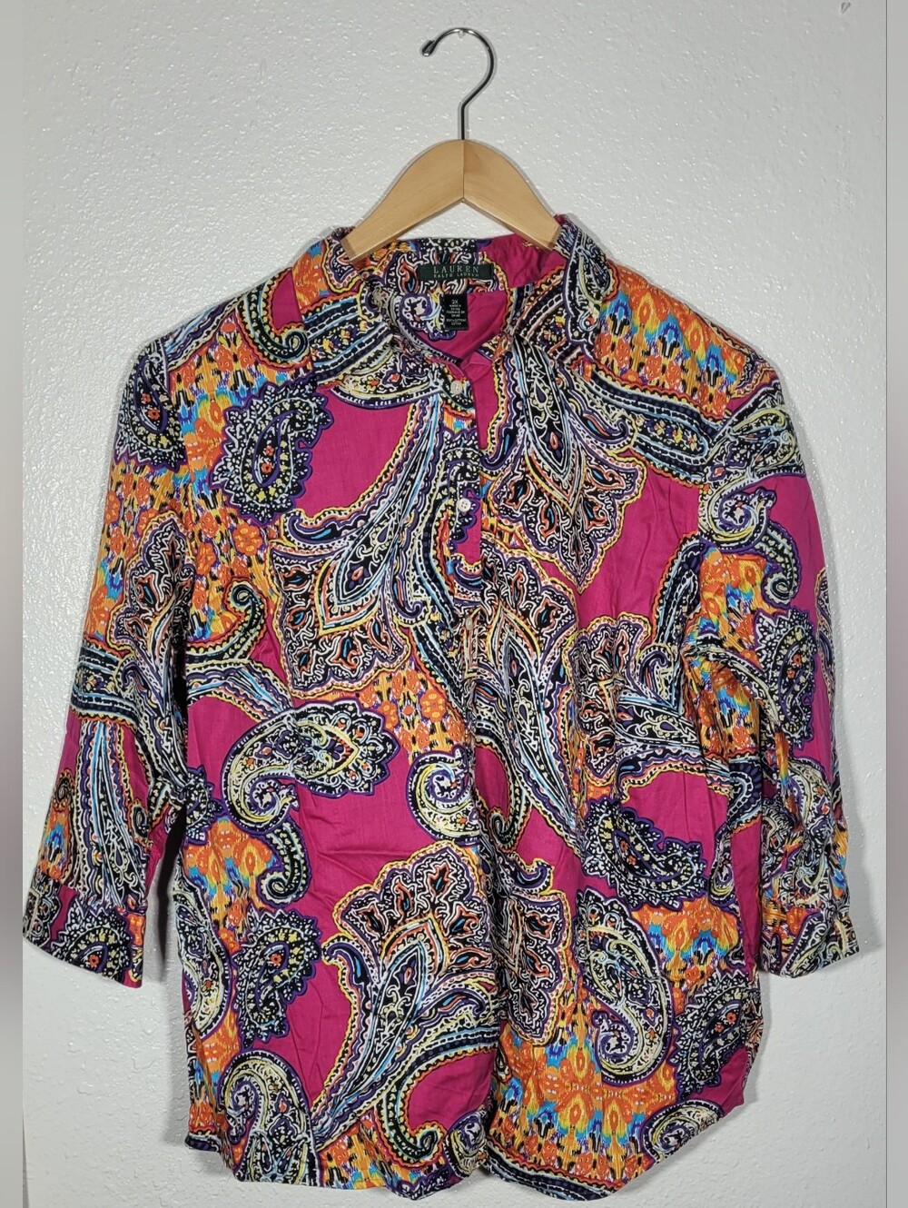 Lauren Ralph Lauren Paisley Pink Shirt 2X LRL 3/4 Sleeve Button Down 100% Cotton